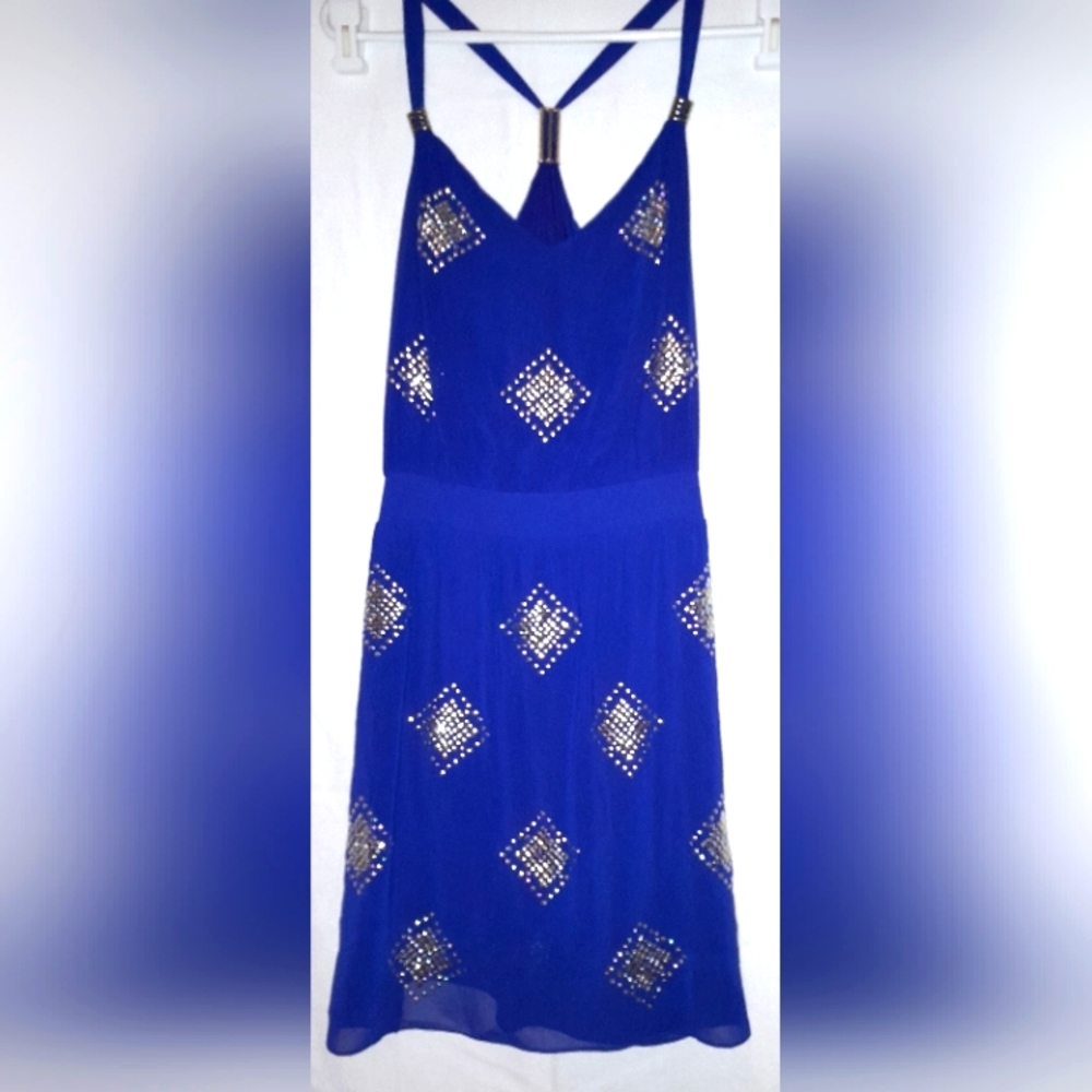 White House Black Market Cobalt Blue & Metal Diamond Shaped Accents Dress Size 4
